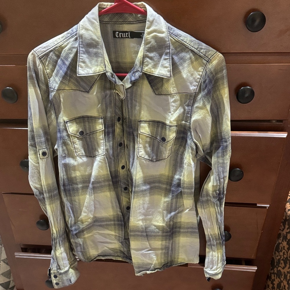 Cruel Girl Women's Plaid Button Down Shirt - Yellow and Blue - M; lace back!